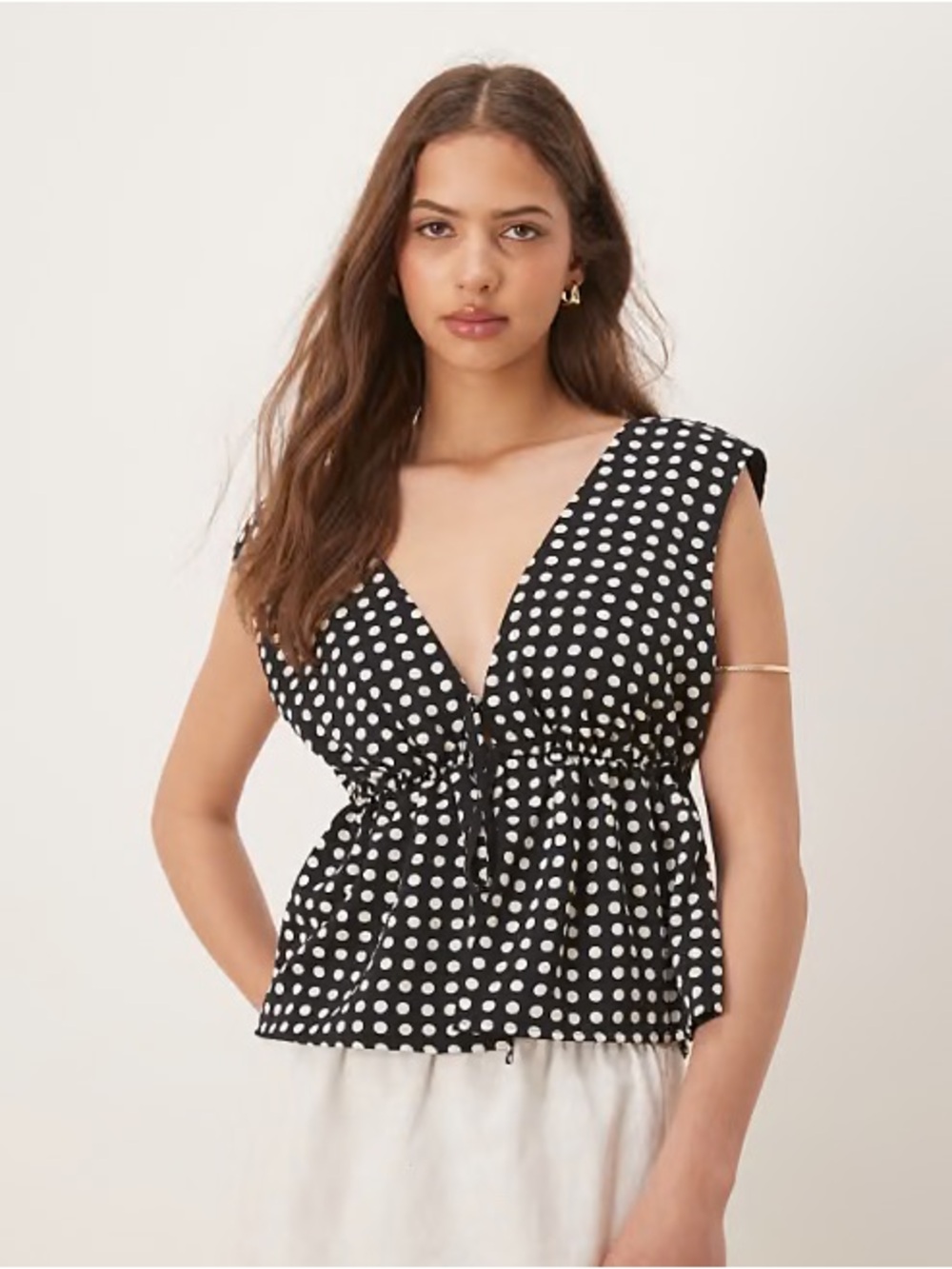 Abercrombie & Fitch Black and White Polka Dot V-Neck Peplum Camisole